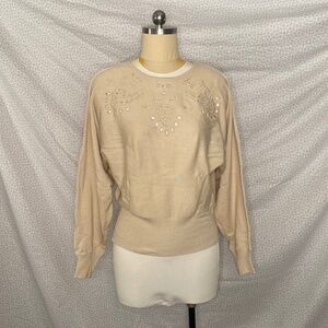 Cream Tan No Shoulder Long Sleeve Shirt Woven Oval Neckline Business Casual